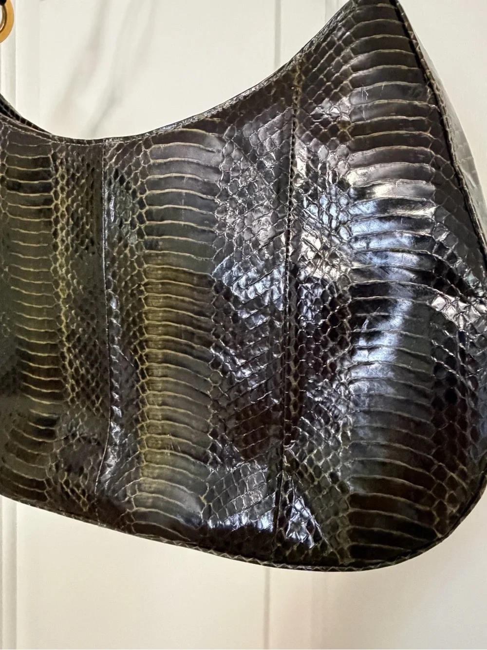 Vintage J Renee 1980s Malachite Undertone top handle Snakeskin hobo shape bag